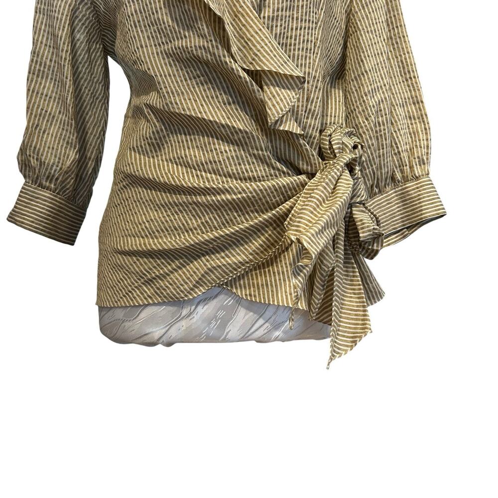 Vintage 90s Metallic Gold Stripe Wrap Blouse Ruffle Collar Bishop Sleeve Size 4 - Picture 8 of 14